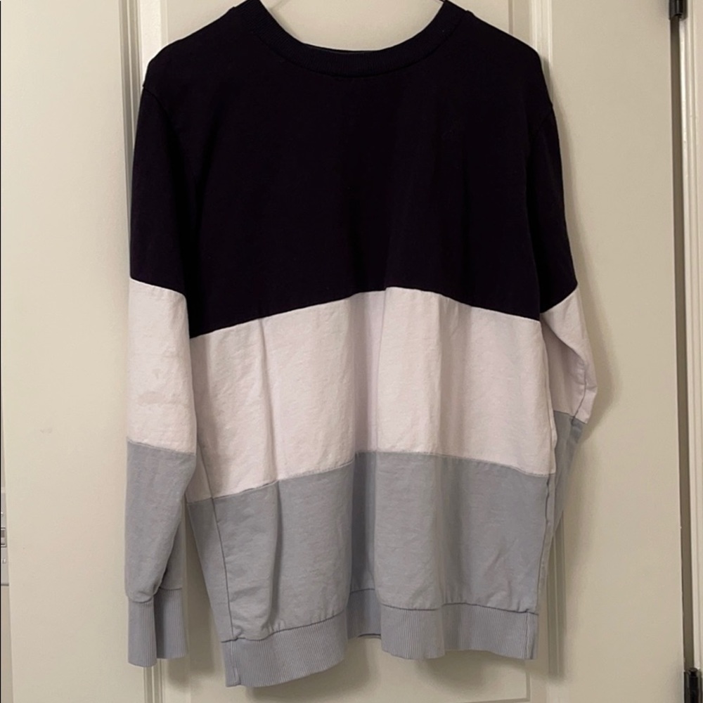 Navy blue, white, and gray long sleeve t-shirt